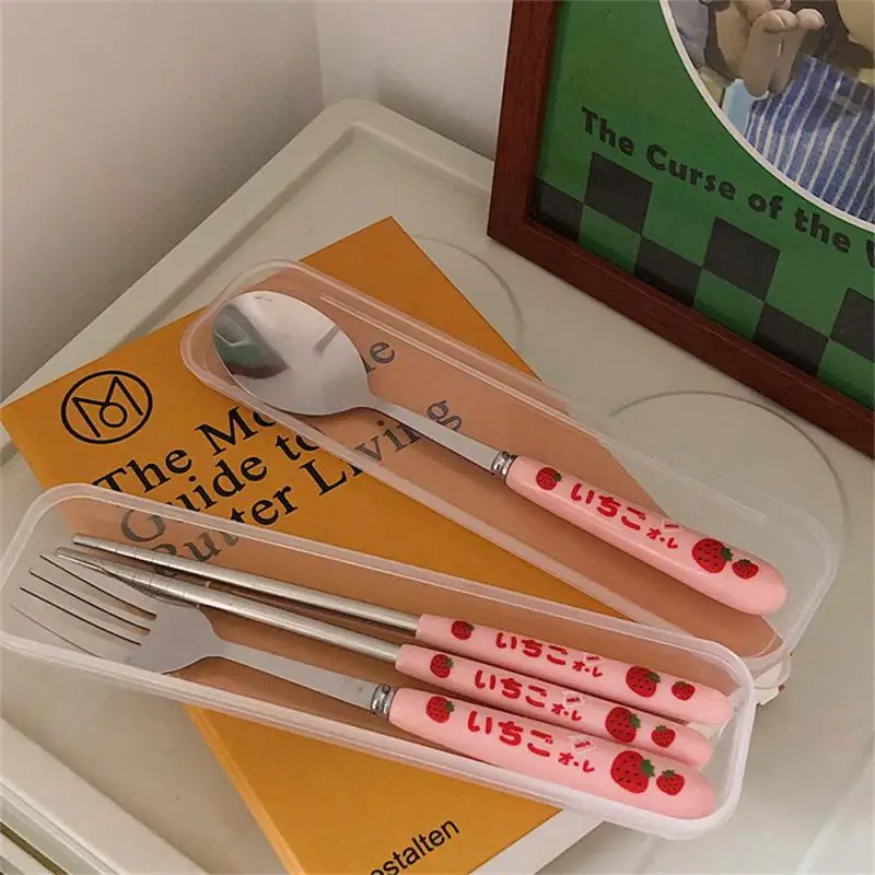Portable Cutlery Set Dinnerware Strawberry Stainless Steel Knife Fork Spoon Travel Flatware With Box 3/2/1pcs,picnic cutlery set,western style cutlery set,picnic tableware,camping cutlery set,stainless steel cutlery set,cutlery set,wooden cutlery set,ceramic dinnerware set