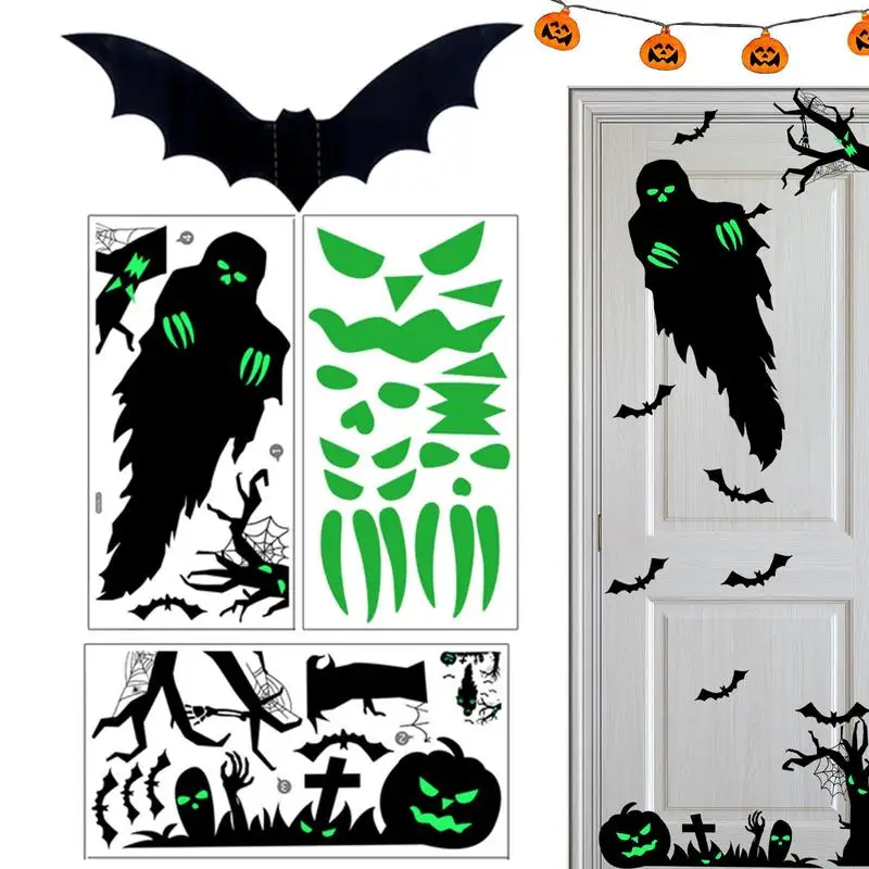 

Halloween Glow Sticker PVC Ghost Bat Eyes Sticker With Green Light Decorative Wall Decals For Halloween For Ceilings Walls Doors