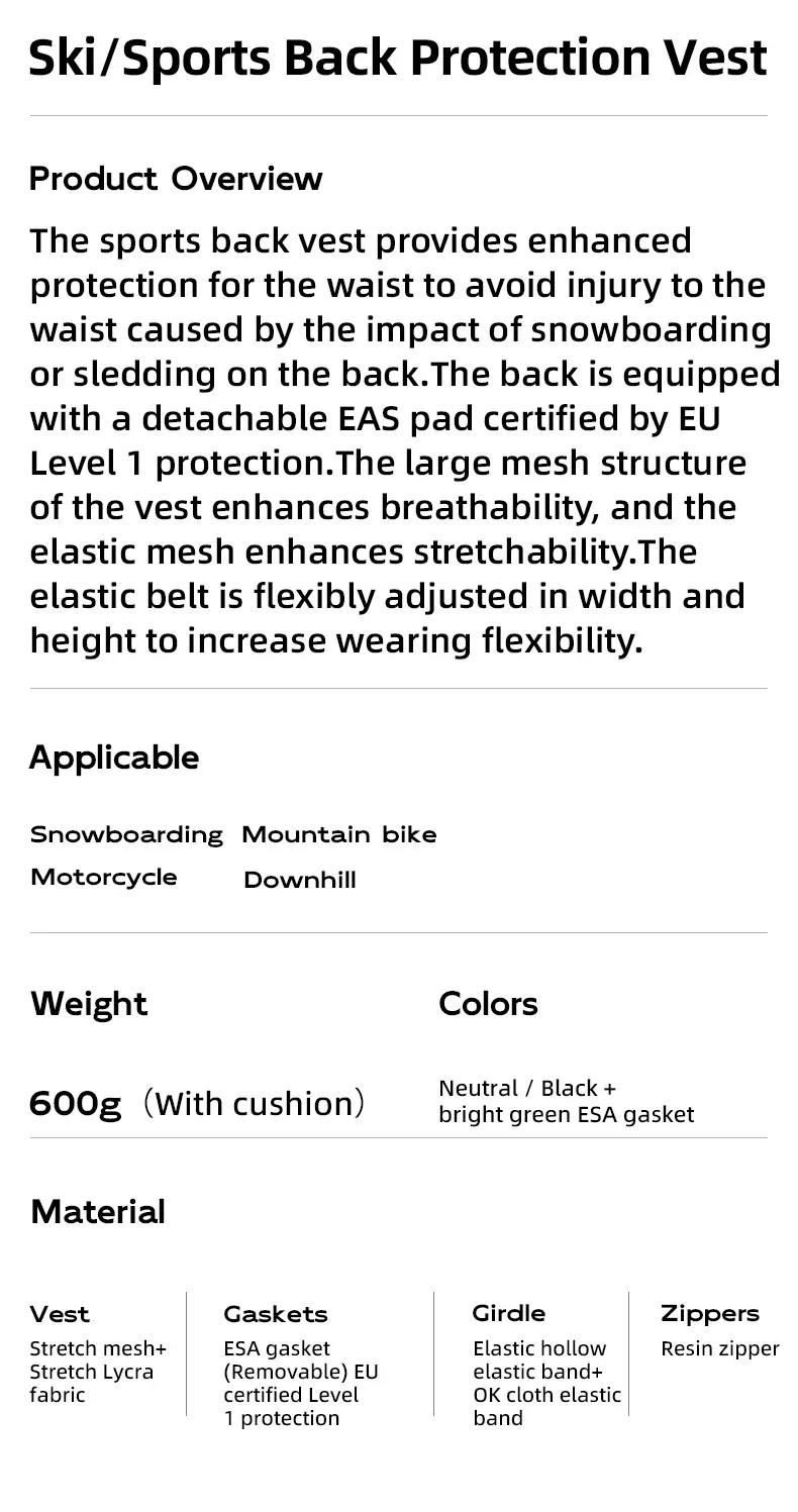 Qunature Skischutzweste / Sturzschutzweste Ausrüstung für Alpinskifahren und Snowboarden, CE-Klasse 1, Stoßschutz Verstärkter Schutz für Taille/Wirbelsäule, Abnehmbare Schutzplatten, Unisex Sportliche Rückenschutzweste – Detail 2