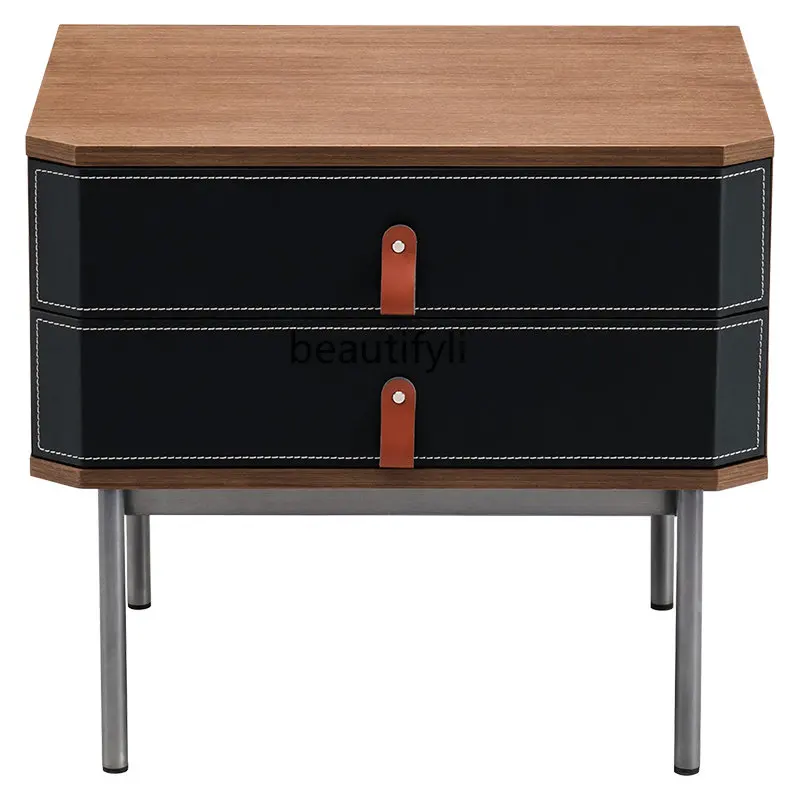 

Italian Minimalist Bedside Table/Walnut Saddle Leather Bedside Locker Bedroom Furniture