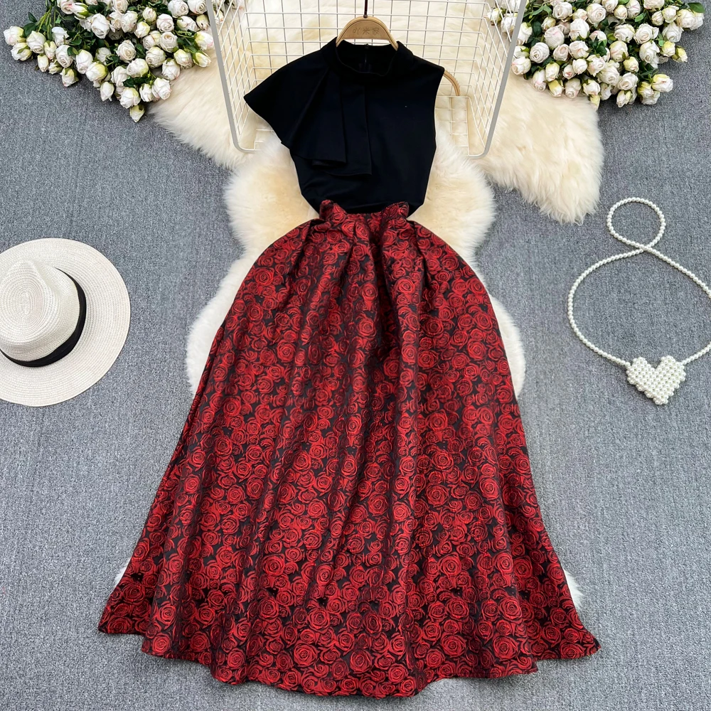 

Summer Light Ripe Atmosphere Bow Stand-up Collar Sleeveless Waist Slimming Mid-length Large Swing Dress