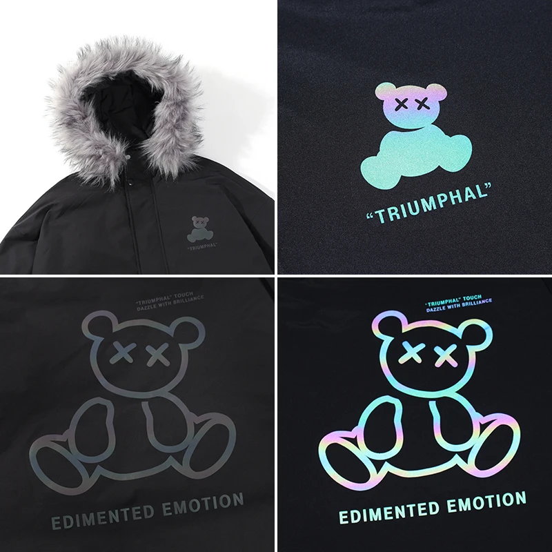 Down Jacket Men's Long Winter Cold-proof Detachable Fur Collar Colorful Bear Padded Jacket Hip-hop Harajuku Couple Hooded Parkas