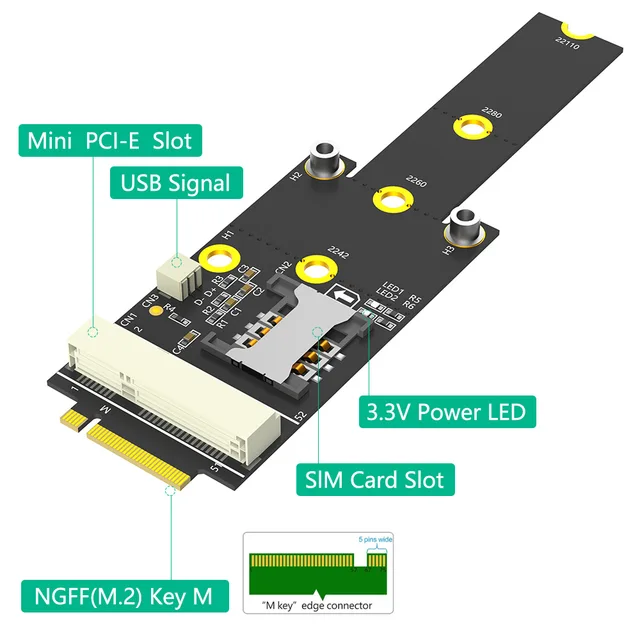 3G 4G 5G GSM LTE WIFI Модуль Mini PCIe Беспроводная сетевая карта SIM-карты NGFF M.2 Key M Разъем Адаптер mPCIe Слот преобразования NVMe 4