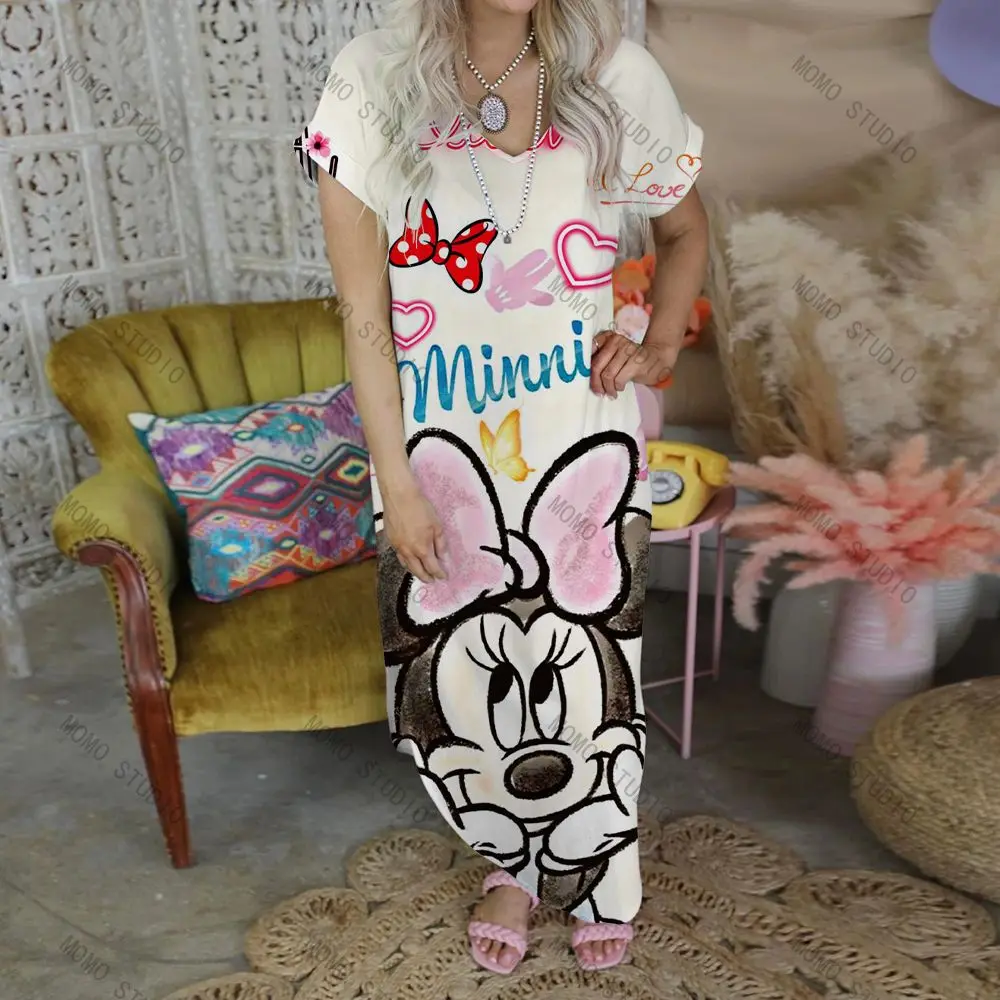 

Maxi Dress Fashion Print Elegant Casual Women's Dresses for Women 2022 Mickey Robe Split Skirt V-Neck Minnie Mouse Evening Party