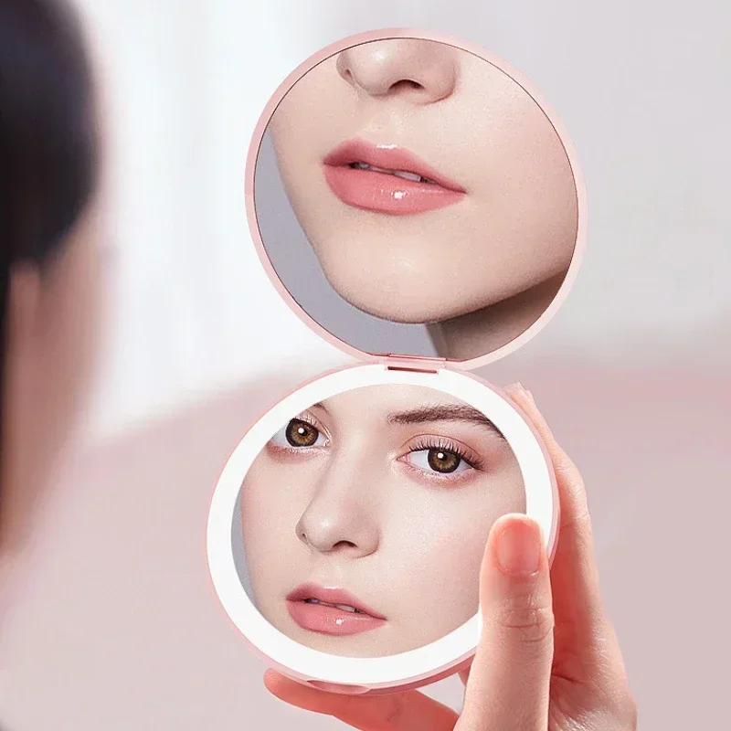 Mini LED Luminous Makeup Mirror Round Portable Foldable Small with Light USB Handheld Cosmetic Compact Magnifying Lighted Mirror makeup mirror magnifying mirror hand holding mirror