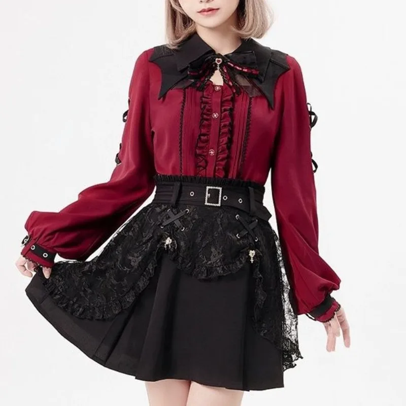 

Japanese Lace Hollow Bat Collar Gothic Lolita Style Sweet Girls Patchwork Button Bow Fashion Casual Short Sleeved Brass Mujer