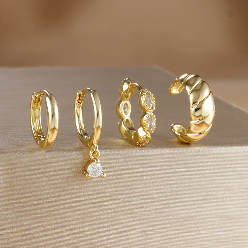 4pcs Fashion Colorful Zirconia Chain Earrings Set for Women Two Hole Round Circle Curvy Gold Color Hoop Earring Wedding Jewelry 6