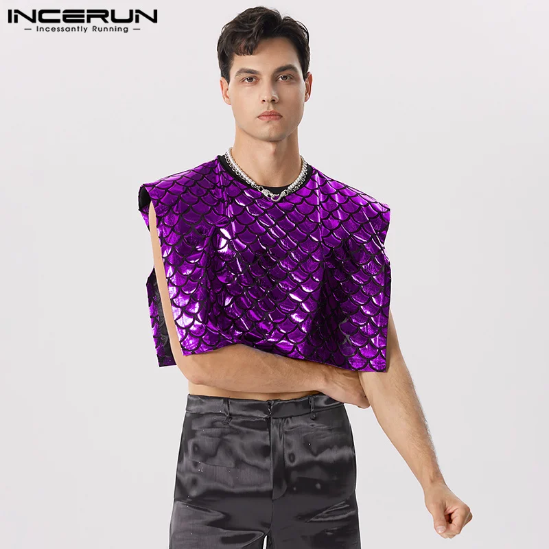 

Stylish Funny Style Tops INCERUN New Men's Cropped Flash Scales Design Waistcoat Casual Party Shows Sleeveless Vests S-5XL 2023