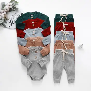 Autumn Baby Girl Boy Spring Ribbed/Plaid Solid Clothes Sets Long Sleeve Bodysuits + Elastic Pants 2PCs Outfits 1