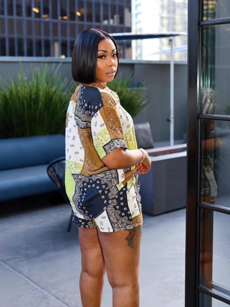 Wmstar 2025 New Summer Women Two Piece Sets Fashion Personalized Printed Casual Shirt Geometric Pattern Patchwork Short Sleeve