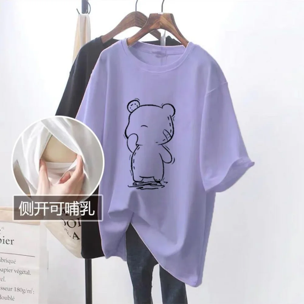 2024 Summer Short Sleeve Cotton Nursing T-shirt Maternal Woman Breastfeeding Clothes Lactation Top Tees pregnancy nursing top 5