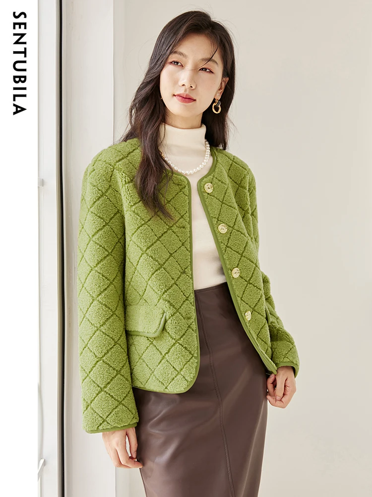 SENTUBILA Vintage Faux Fur Coats Women Autumn Winter Argyle Pattern Short Warm Korean Jackets Ladies 2023 Outerwear W34P50139