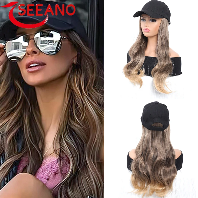 

SEEANO Long Wavy Synthetic Hat Wig Baseball Cap with Hair Extensions Hat Wig Bone Light Blonde Connect Wig Adjustable For Women
