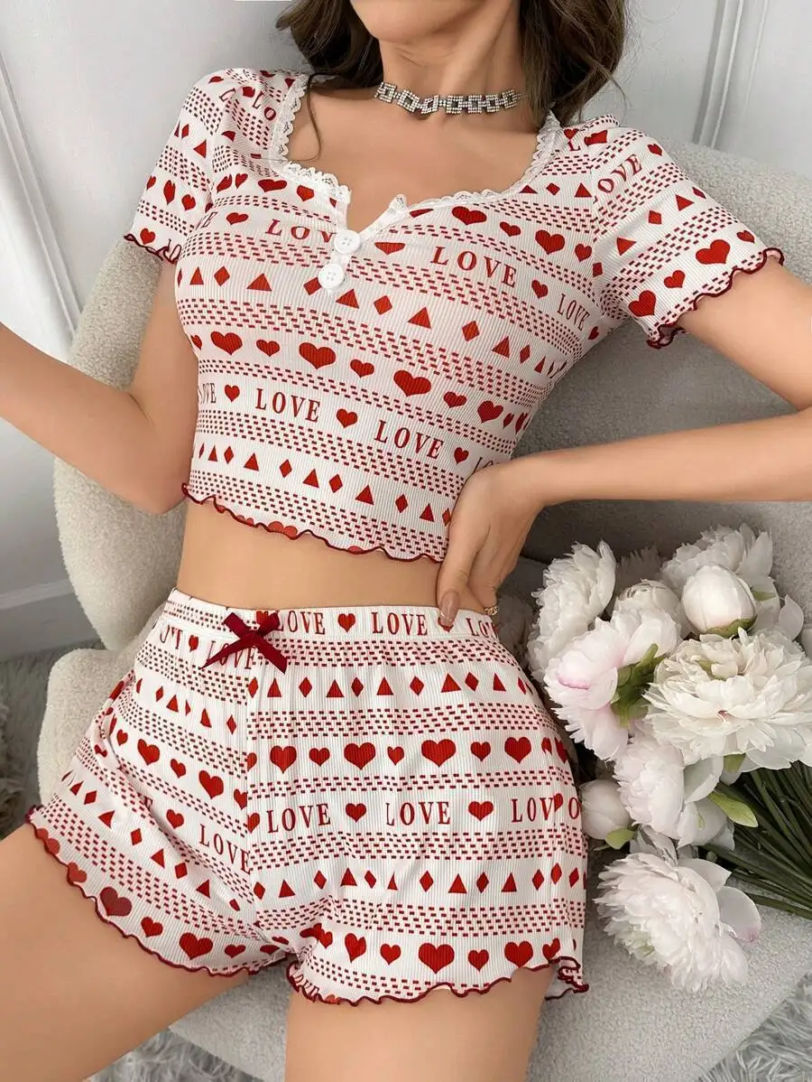 Womens Cute Love Heart Print Pajama Set Short Sleeve Crop Top Shorts Two Piece Lace Trim Lettuce Hem Y2K Loungewear Sleepwear
