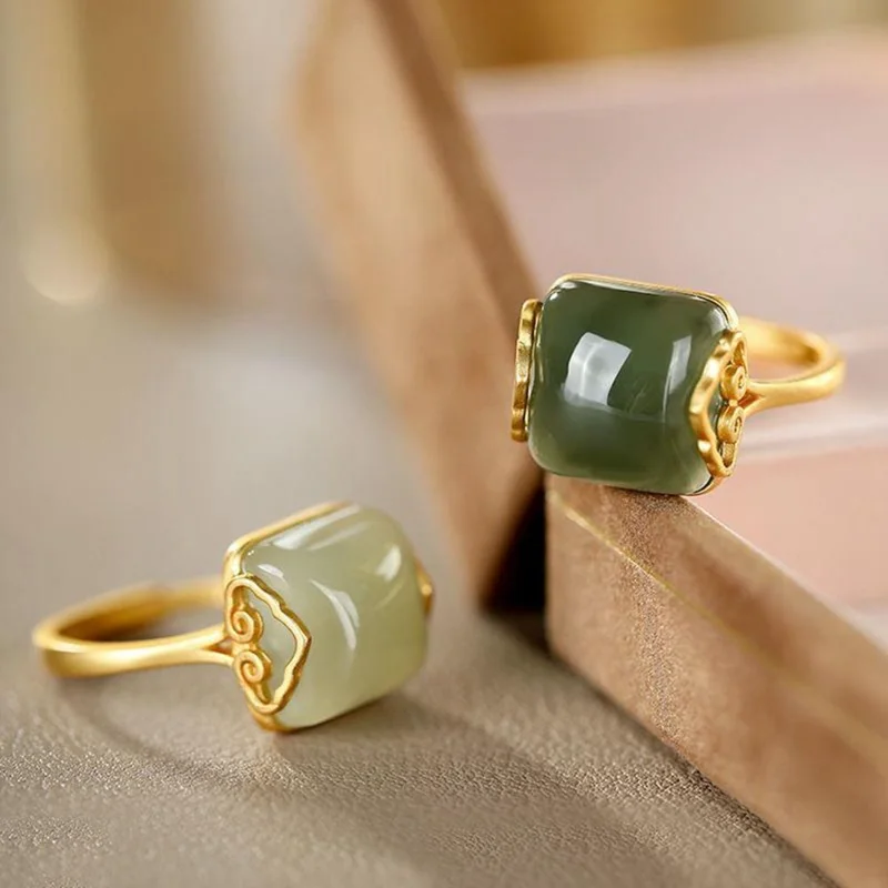 

Exquisite Classic Auspicious Cloud Hotan Jade Rings for Women Charm Simple Retro Elegant Opening Adjustable Jade Ring Jewelry