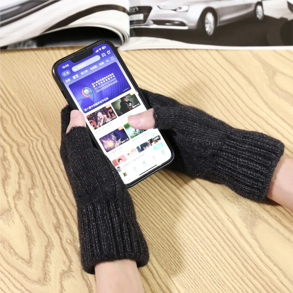 남성용 따뜻한 터치 스크린 장갑, 5 손가락 울, 이중 목적 뜨게 학생 장갑, 가을 및 겨울 장갑