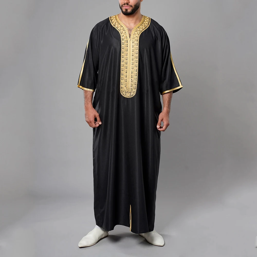 2024 Summer New Kaftan Muslim Men Short Sleeve Embroidery Loose Breathable Casual Robe Islamic Abaya