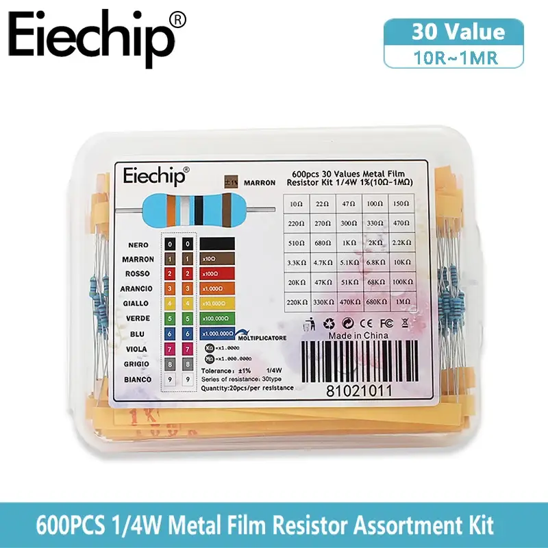 1/4W Metal Film Resistor kit set 30 Values resistors pack , 10 ohm ~1M Resistance 1% Set of resistors diy electronic components image 1
