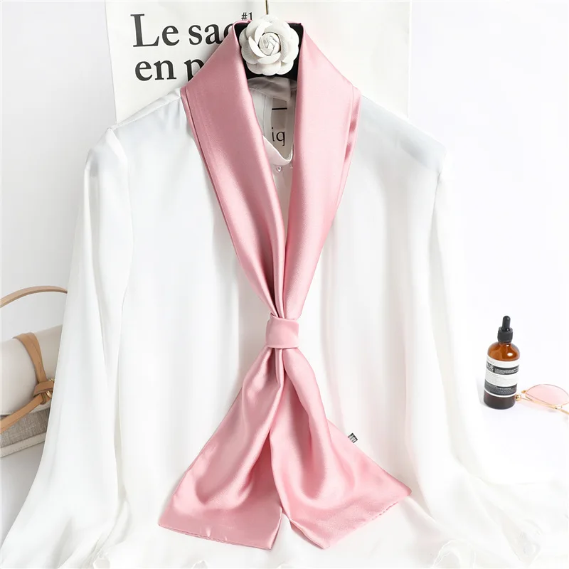 S4aac664c476f43e78c2a67aab6e109a03 Solid Color Neckerchief Long Hair Scarves Female Silk Satin Neck Scarf For Women 14x145CM Fashion Headbands Plain Bag Scarf Mallzona