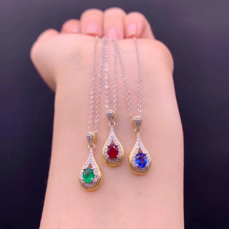 

Natural Sapphire Necklace Ruby Necklace Emerald Pendant 925 Sterling Silver High-end Color Treasure