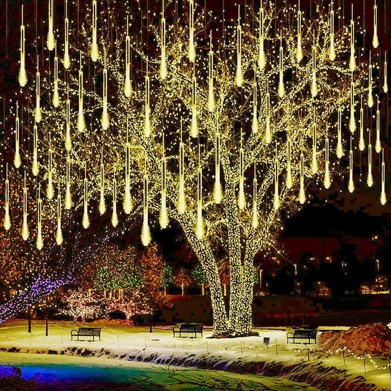 thumbnail image 1 of Juego de 1/2/3/4 luces LED de lluvia de meteoritos, guirnalda de luces navideñas, nieve que cae, carámbanos, iluminación en cascada para el hogar y la boda, 1 of 5