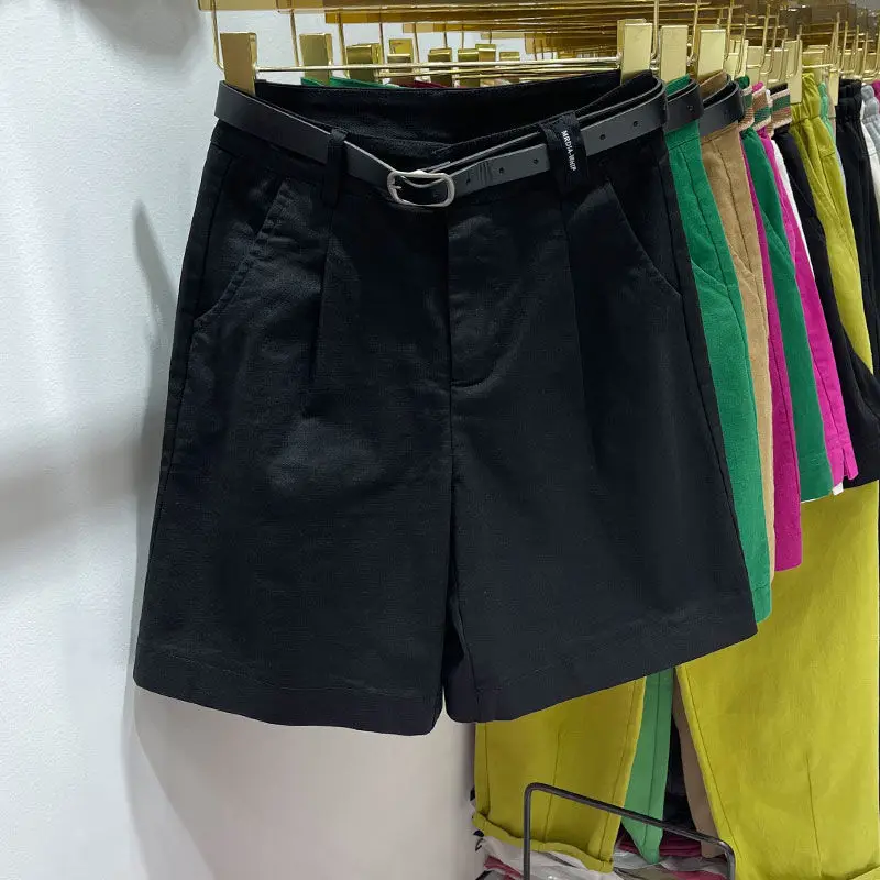 Fashion Female High Waist All-match Solid Color Shorts Summer Womens Clothing Casual Simplicity Pockets Spliced Straight Pants