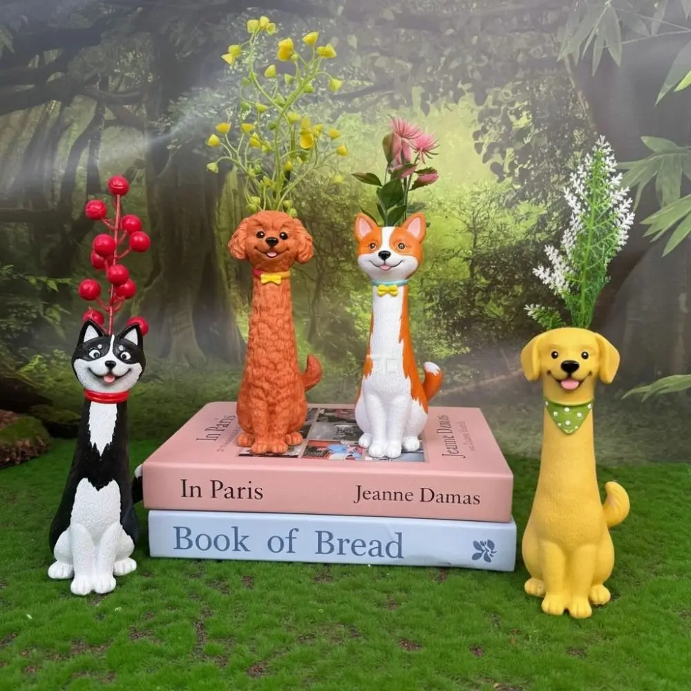 A collection of handcrafted, cartoon-style elongated resin dog vases shaped like a Golden Retriever, Poodle, Husky, and Corgi holding decorative plants on a desk.