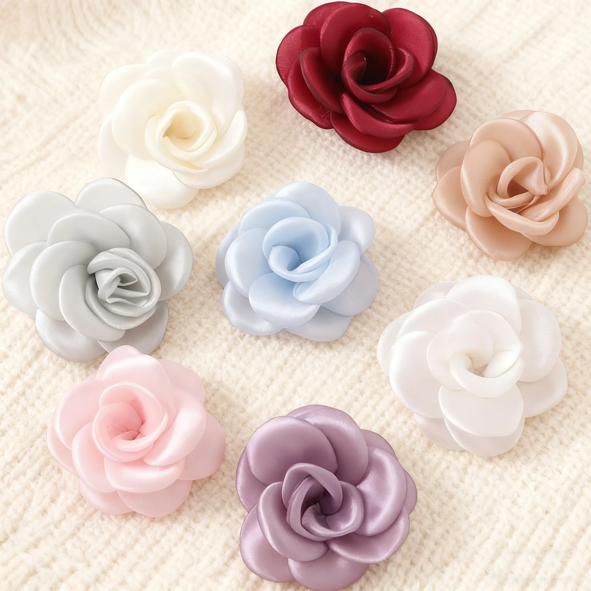 Elegant White Chiffon Camellia Rose Fabric Flowers - Set of 8