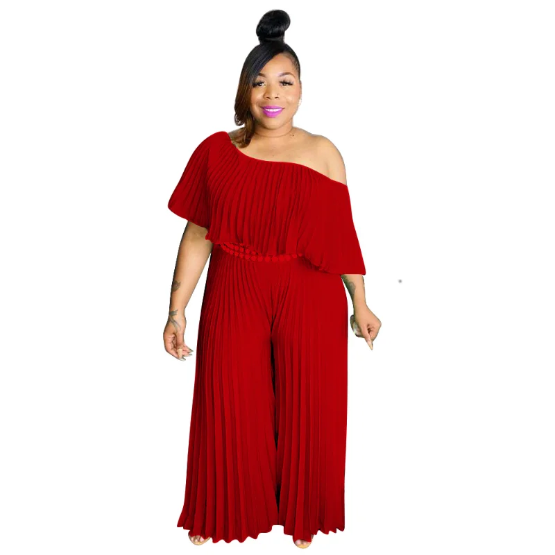 

WUHE Pleated Women Plus Size Jumpsuit Ruffless Sexy One Shoulder Slash Neck Loose Wide Leg Pants Fashion Summer Overalls