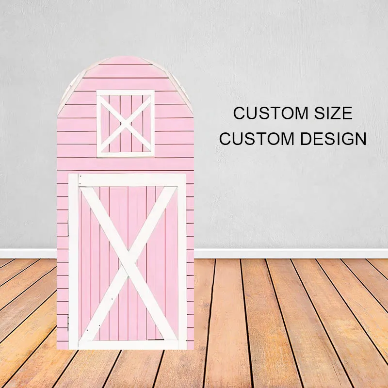 

Mehofond Pink Barn House Shape Farm Theme Arch Backdrop Cover for Girls Baby Birthday Party Photography Background Double-sided