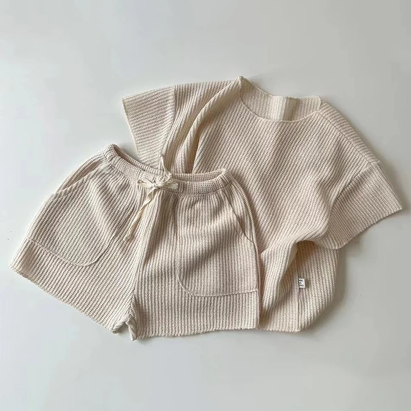 Baby Outfits 2Pcs Summer Boys Girls Clothing Sets Solid Color Soft Loose Short Sleeve Drawstring Shorts Waffle Outfits Children Knitted Suits