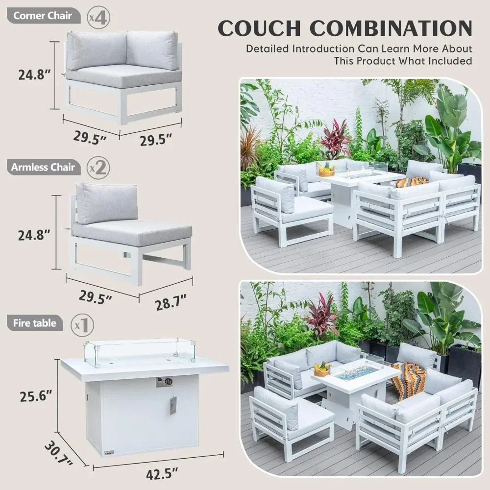 7 Piece Patio Furniture Aluminum Fire Pit Conversation Set with 29'' Large Depth Seat Outdoor Modern Luxury Sofa Set (White) 6