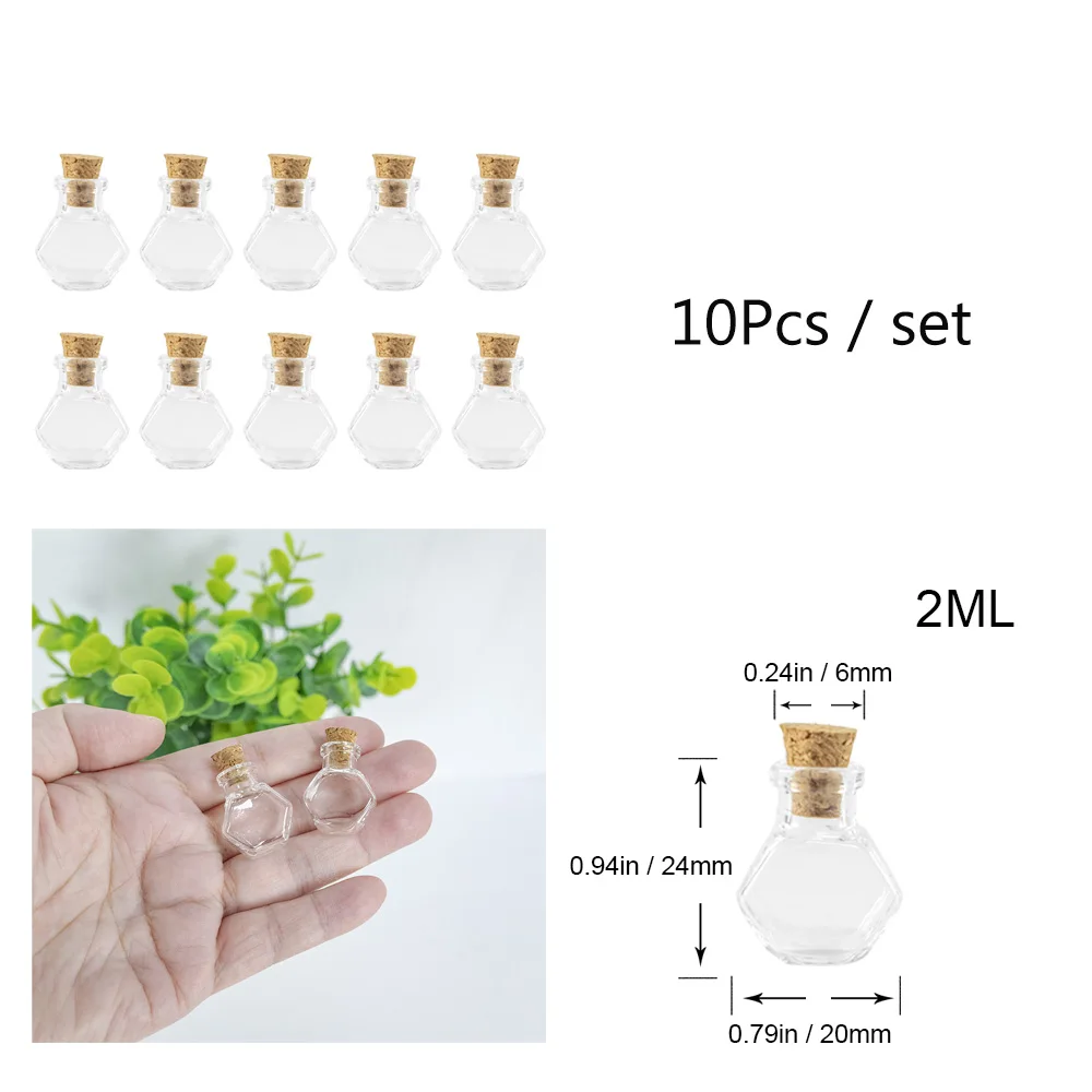 10pcs Mini Glass Flask Bottles With Cork Clear Clour Tiny Hexagon Shape Cute Small Jars Vials DIY Gift