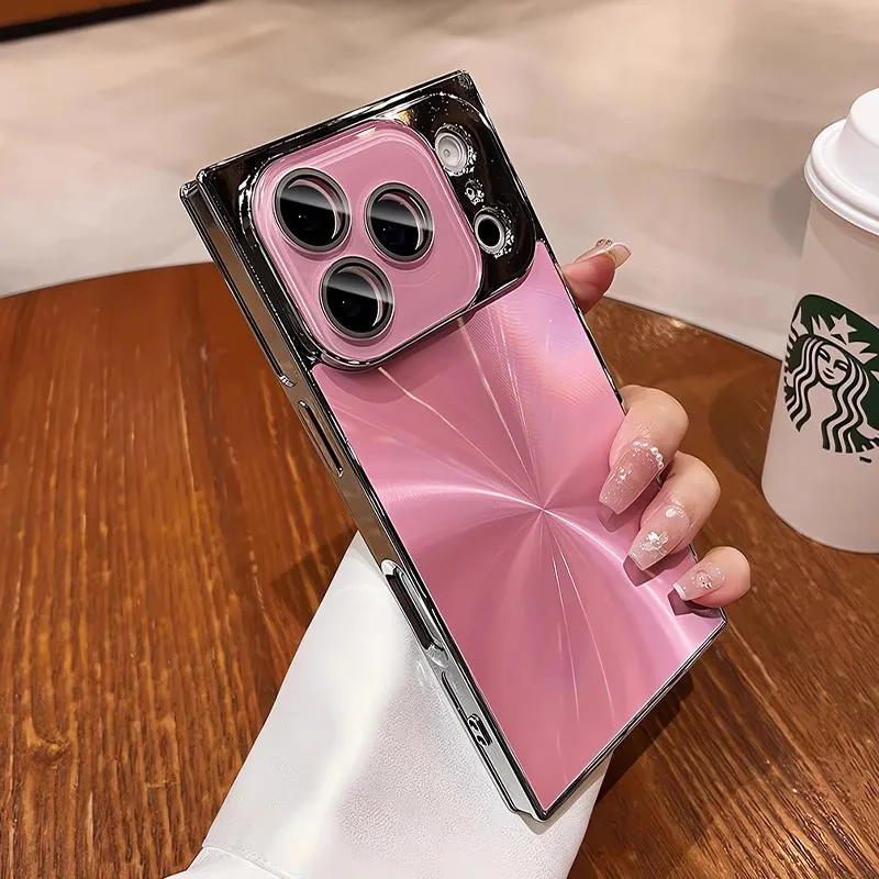 Luxury Plating CD Texture Square Armor Phone Case with Crystal Lens Glass and Shockproof Cover