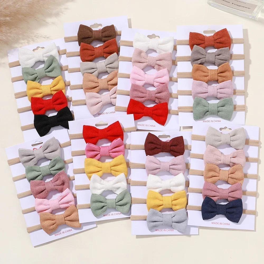 5Pcs/Set Elastic Baby Headband Solid Corduroy Ribbon Baby Bows Headscarf Hairband Newborn Cute Knitted Headband Hair Accessories 3