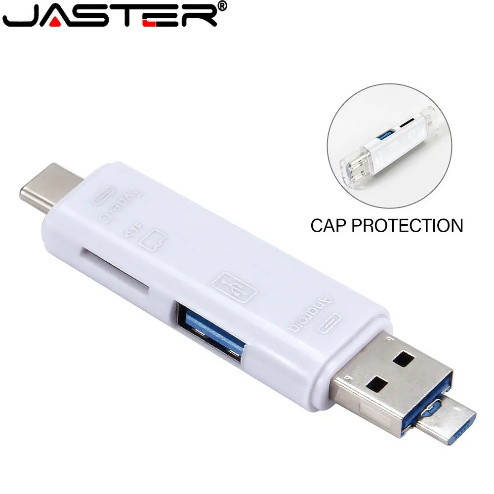 JASTER Type-C/Standard USB 3.0/Micro USB/TF Card Mini Card Reader New 5-in-1 Multifunction Card Reader White Stretch for PC Side