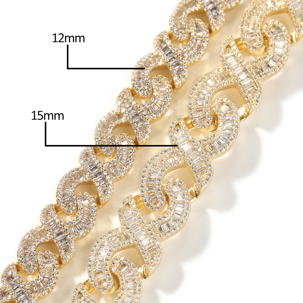 15mm Cross Link Cuban Chain Setting Iced Out Square Cubic Zirconia Fashion Charm Necklace For Women Man