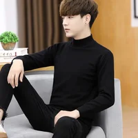 Men Half-high Collar Autumn Winter Fashion Slim Fit Knitted Base Shirt Pure Black Medium Collar Line Clothing Trendy Men Apparel