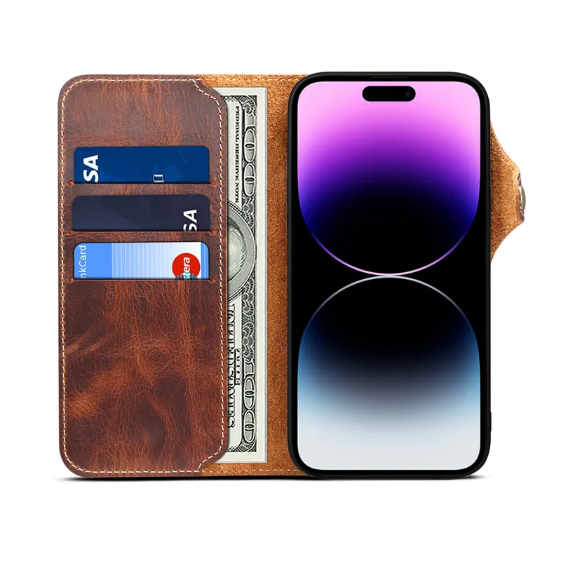Elegant Genuine Leather Wallet Phone Case with Hand Strap