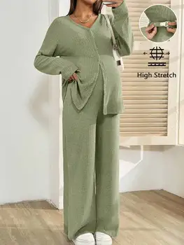 Maternity Knit Two Piece Set Solid Color Button Front Top And Wide Leg Pants