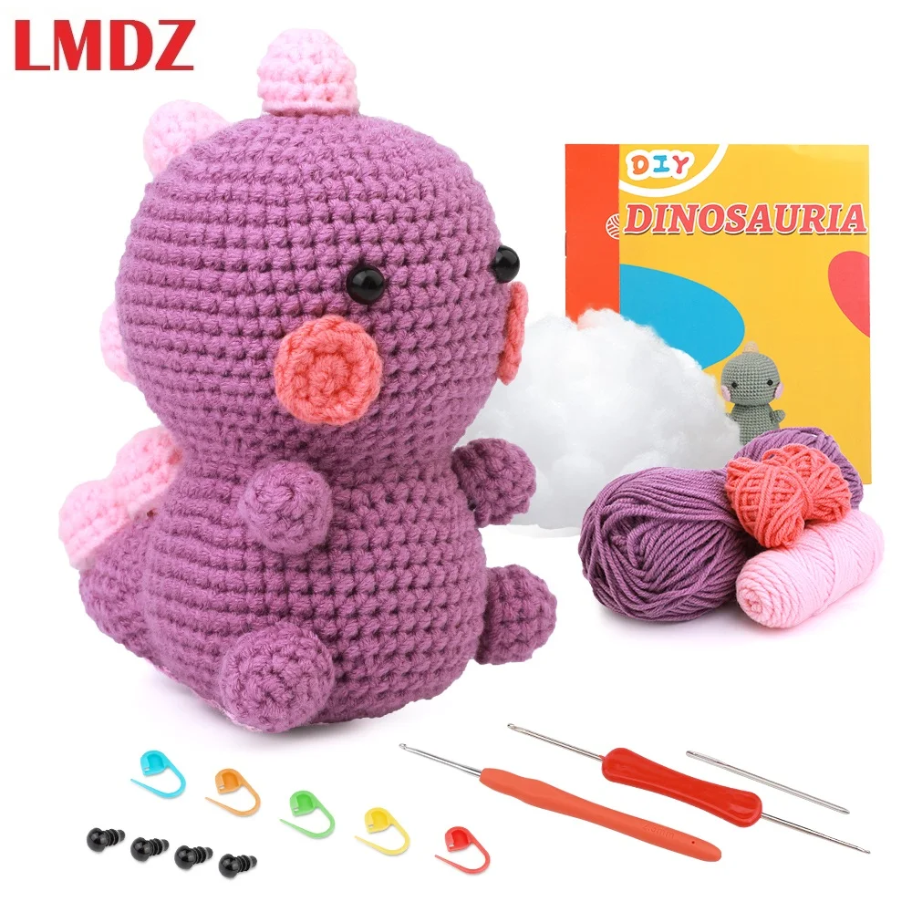 LMDZ Purple Dinosaur DIY Animal Beginners Kniting Kit for Adults and Kids with Crochet Accessories and Instructions