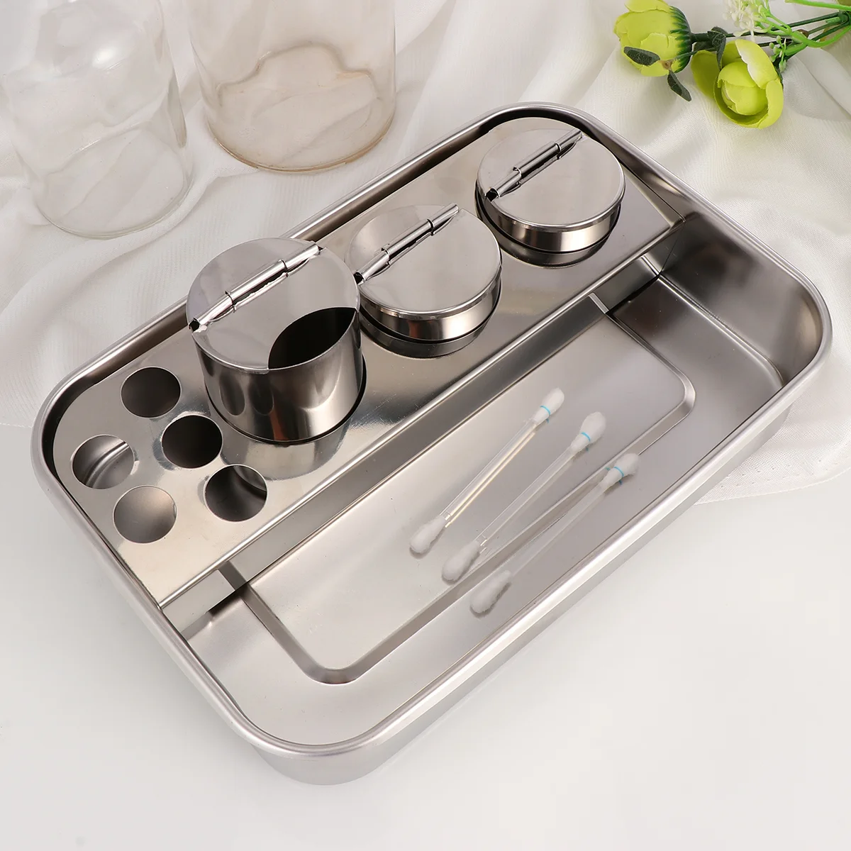 

Stainless Steel Surgical Sterilized Tray Jar Pot Container Bottle Tweezers Medical Injection Metal Tray For Therapy