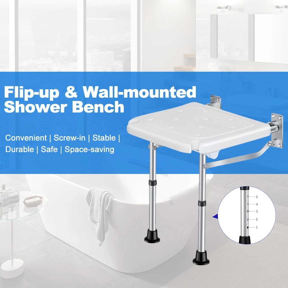 Folding Shower Bench Wall Mounted Flip-up Bath Seat Screw-in Bathroom Chair Stool for Elderly Seniors Disabled 42~53mm Height 5