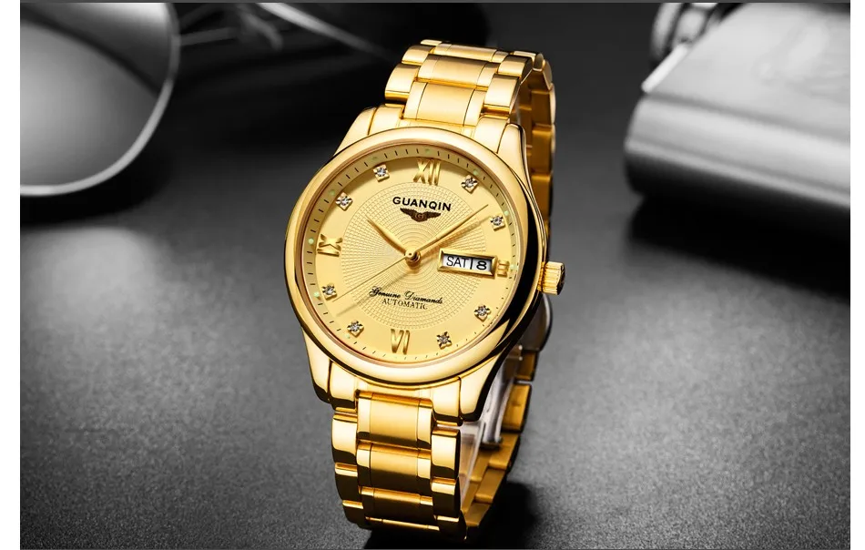 GUANQIN 40MM Analog Sapphire Men Automatic Mechanical Water Resistant Luminous Calendar Stainless Steel Strap Relogio Masculino