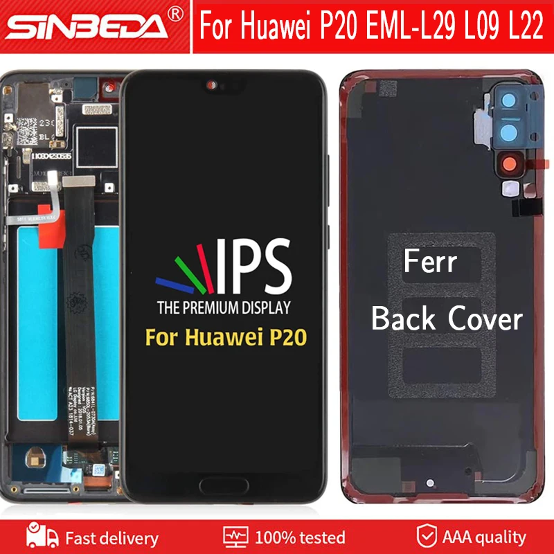 

LCD Screen For Huawei P20 EML-L29 L09 L22 Display With Fingerprint 10 Touch Screen Digitizer with Battery cover For Huawei P 20