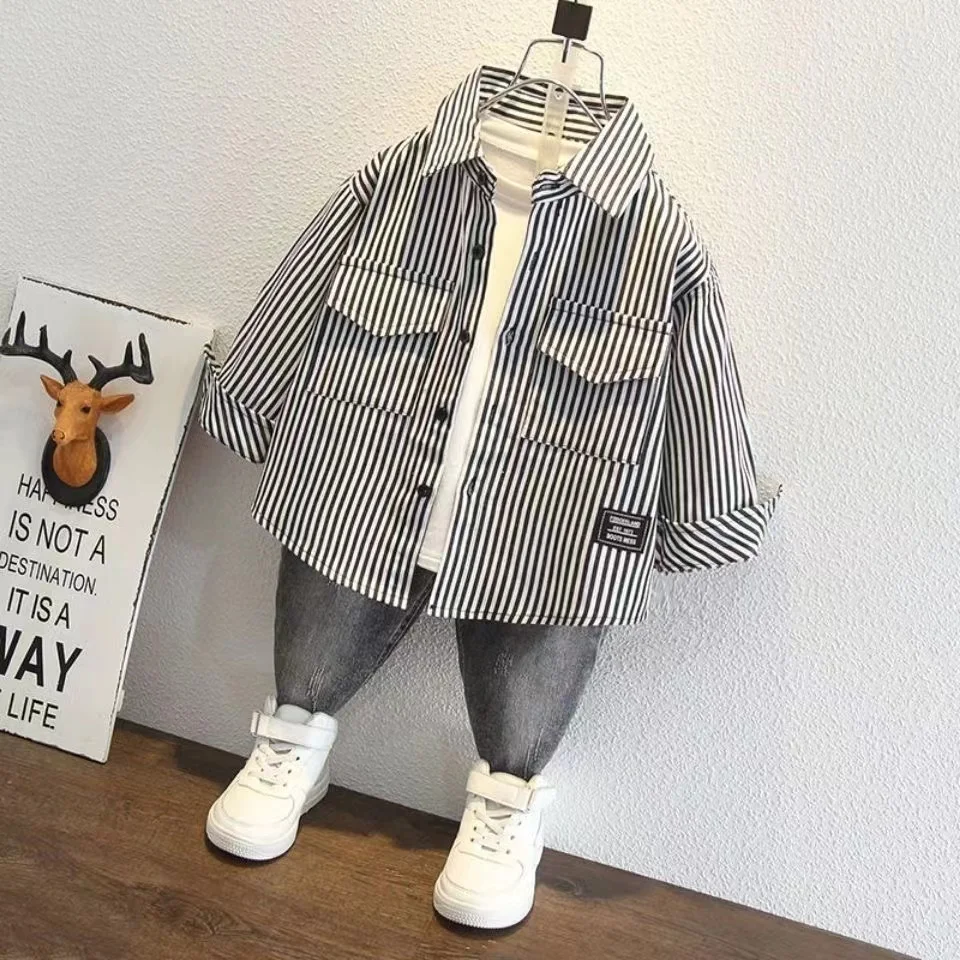 Boys Striped Shirt British Style Spring and Autumn Korean Version Handsome Children's Spring Coat 2-14 Year Old Shirt
