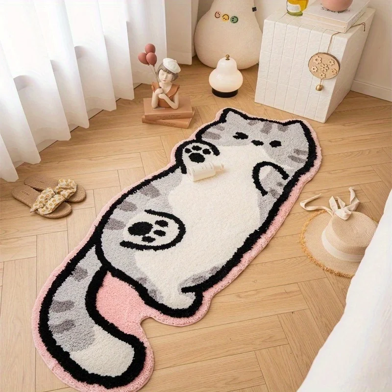 귀여운 오렌지색 태비 고양이 모양의 인조 캐시미어 러그, 카와이 동물 무늬 논..