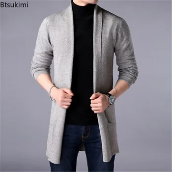 남성용 슬림핏 긴 단색 니트 재킷, 캐주얼 스웨터, 카디건 코트, S-4XL, 2023 봄 가을 신상