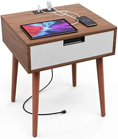 

End Table with Power Sockets and USB Ports, Side Sofa Table with Drawers Storage Bedside Table for Living Room Bedroom, Walnut a