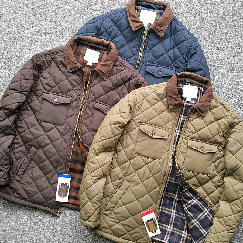 Cotton Scoop Neck Jacket Waterproof Pocket Cotton Coat Men's Winter Spring Checked Jacket Retro Casual Coat Men Coats Men